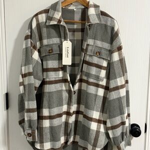 Amazon Gray and Brown Plaid Teddy Jacket